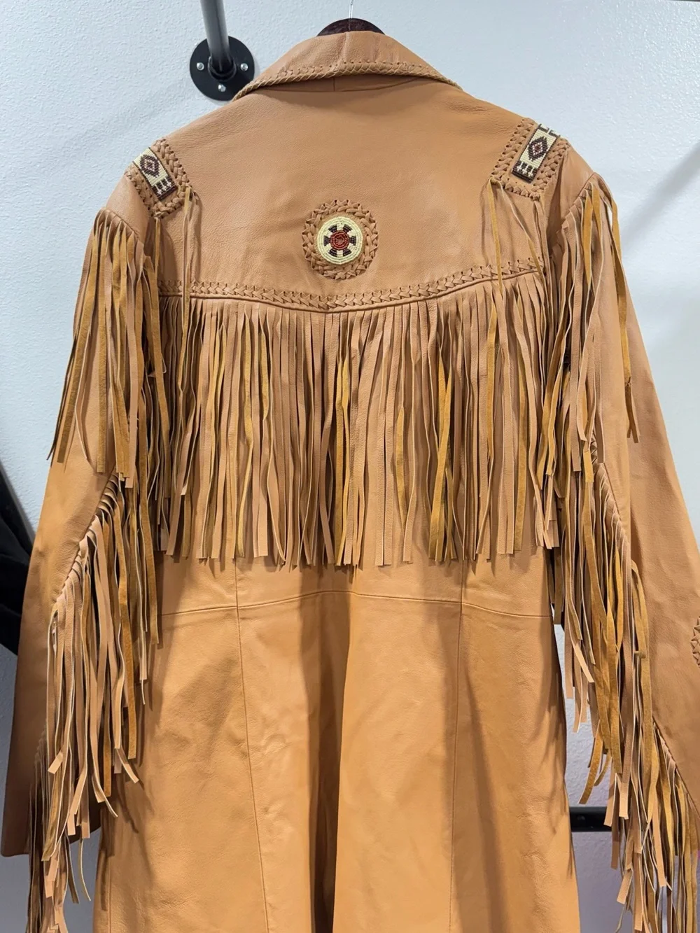 Scully Tan Leather Fringe Jacket with Beaded Shoulder Accents